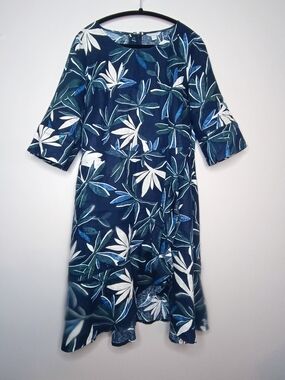 Monsoon Blue Linen Ruffle Hem Asymmetric Floral Midi Dress US 12
